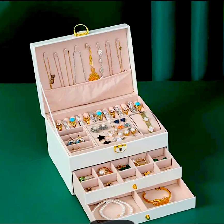 Brand New Sealed Beautiful Modern 3 Layer White Jewelry Box Lock Key On Top